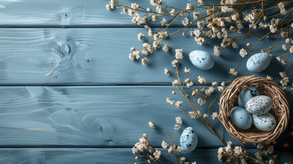 Nest with easter eggs on empty light blue wooden surface,happy easter background.