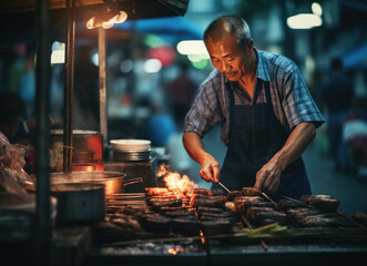Man grilling skewered meats at a bustling night market.