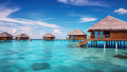Picturesque overwater bungalows extending into the turquoise sea under a clear blue sky.