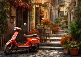 Outdoor kussens Red Scooter Parked on Cobblestone Street © Marharyta