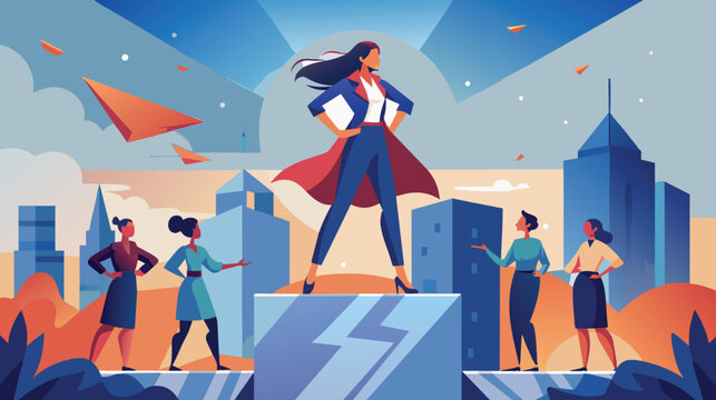 Superhero Businesswoman Leading Team in Urban Setting