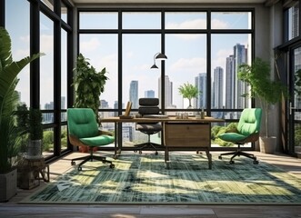A room with a green rug and a table.