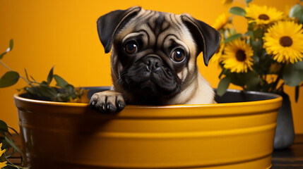 Pug sitting in a flower pot among planted yellow flowers