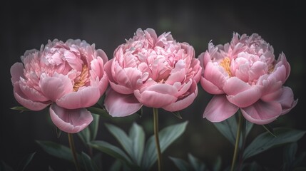 Obraz premium a group of pink flowers sitting on top of a lush green leaf covered field of flowers in front of a black background.