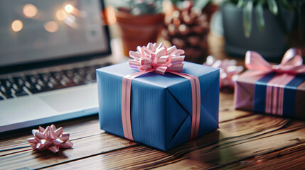Wrapped gift with orange ribbon on wooden table near laptop