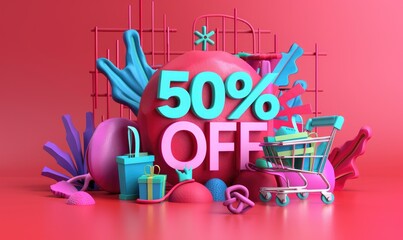 Colorful logo 50% OFF, playful cartoon clay style