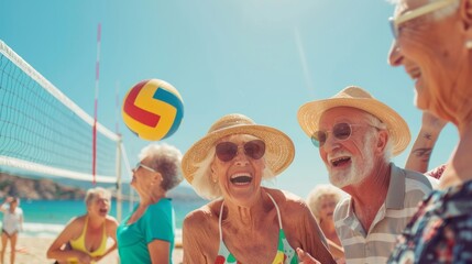 Cheerful senior citizens laughing and playing a game of beach volleyball under the bright sun