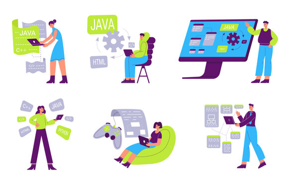 Web developers, software programmers work illustration set. Game testers checking quality and fixing bugs