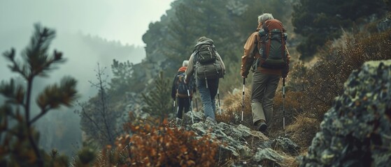Group of active seniors hiking up a rugged mountain trail - obrazy, fototapety, plakaty
