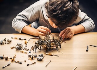 Man Working on a Model of a Flying Insect