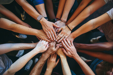 Group of multiethnic people holding hands together. Diversity concept, Team members putting hands together close-up, top view, No visible faces. together. co-workers stacking their hands together.