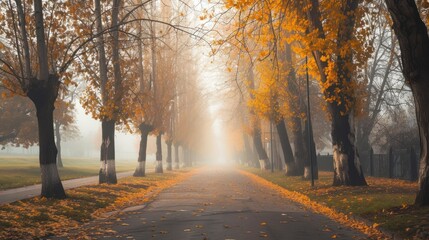 a foggy day in a park with lots of trees and yellow leaves on the ground and a paved path between two rows of trees with yellow leaves on both sides.