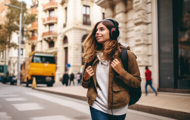Woman Walking Down Street With Headphones On
