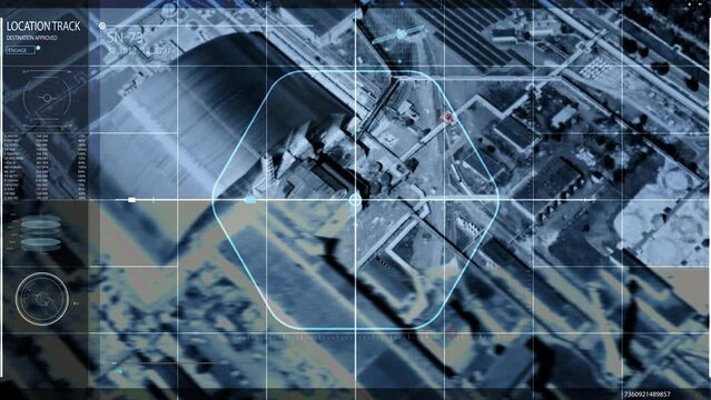Modern Satellite Surveillance Network Scans Abandoned Nuclear Power Plant. Modern Satellite Network Tracks Factory Target Location. Modern Spying Satellite Network On A Scanning Radar Interface.