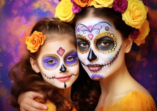 Two Women With Painted Faces Pose for a Picture