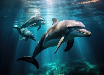 Naklejka premium Dolphins swimming over coral reef.