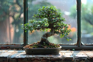 A meticulously pruned bonsai tree positioned on a rustic windowsill, basking in the soft light filtering through a pane speckled with raindrops.