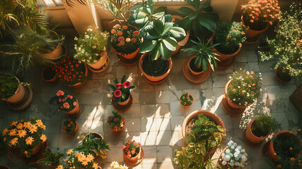 Variedade vibrante de plantas em um pátio ensolarado com luz natural suave e tons quentes
