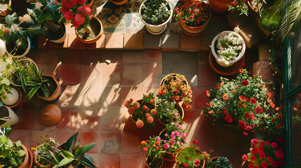 Variedade vibrante de plantas em um pátio ensolarado com luz natural suave e tons quentes - obrazy, fototapety, plakaty