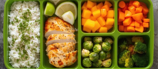 A top view of a green lunch box filled with a nutritious meal prep containing chicken, rice, brussels sprouts, vegetables, and fruits. The meal is neatly organized in green containers, providing a