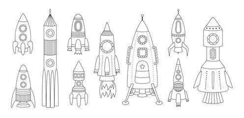 Fototapeta na wymiar Big set of rockets. Coloring page. Black and white rocket. Vector