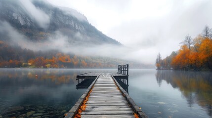 a dock sitting on top of a lake next to a forest filled with orange and yellow trees on a foggy day.