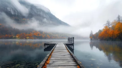  a dock sitting on top of a lake next to a forest filled with orange and yellow trees on a foggy day. © Igor