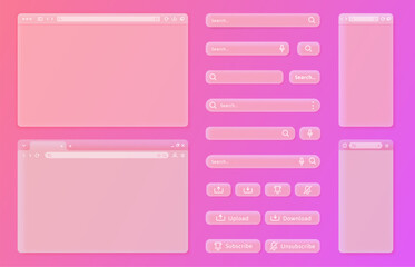Transparent internet browser window. User interface elements, search bars and action buttons vector UI template set