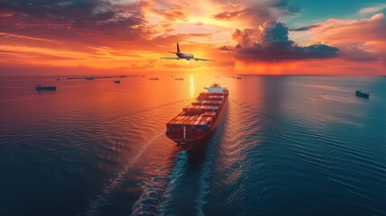 cargo ship in the middle of body of water with a plane flying over the top of it.