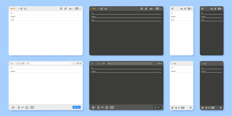Email interface. Mail client new message window user interface, desktop and mobile layout vector UI template illustration set