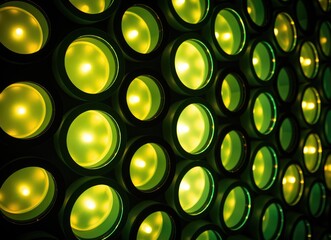 Vibrant green and yellow led circles arranged on a dark wall in an artful display.	