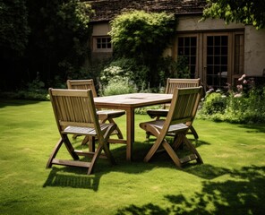 Fototapeta na wymiar Wooden Table and Chairs on Lush Green Field