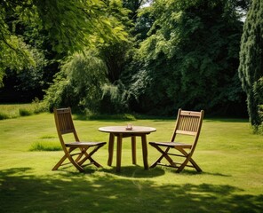 Wooden table and chairs on lush green field.