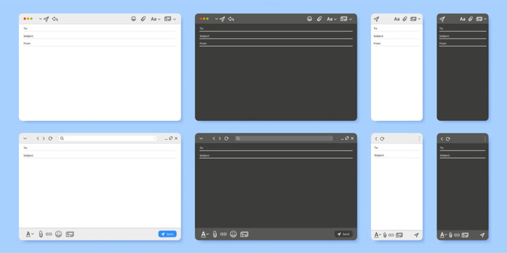 Email interface. Mail client new message window user interface, desktop and mobile layout vector UI template illustration set