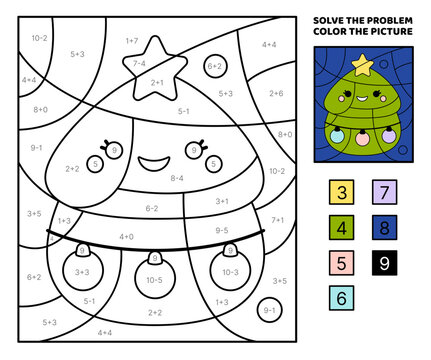 Funny Christmas tree. Solve the problem, color the picture. Addition, Subtraction. Coloring book. Vector