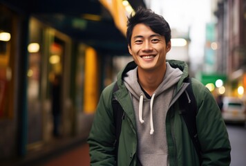 Fototapeta premium Young man smiles on city street.