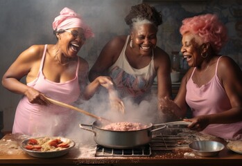Three women cooking together in a kitchen.
