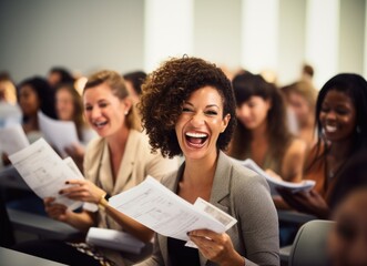 Joyful women sharing a laugh in a classroom during a lecture.