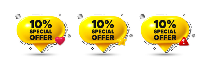 Chat speech bubble 3d icons. 10 percent discount offer tag. Sale price promo sign. Special offer symbol. Discount chat offer. Speech bubble banners. Text box balloon. Vector