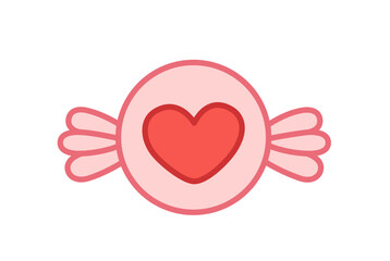 Pink candy. Sweet with red heart. Cartoon, vector
