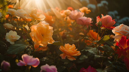Uma vibrante variedade de flores em um jardim banhado por luz natural e tons quentes capturados em close com lente 50mm