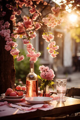 Romantic spring evening with rose wine and fruits, beautiful sunset and blooming cherry tree
