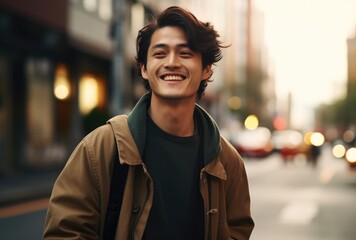 Joyful young man laughing while strolling down an urban street at dusk.