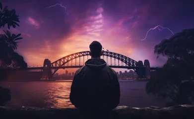 Photo sur Plexiglas Sydney Harbour Bridge Man Contemplating the Sydney Harbour Bridge at Sunset