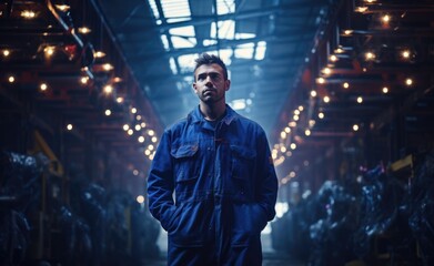Fototapeta premium Man in blue coat standing in warehouse.