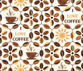 Seamless geometric pattern with icons of coffee beans, coffee cups, sun, text I Love Coffee in hexagonal grid. Retro simple style. For branding, decoration of food package, kitchen textile
