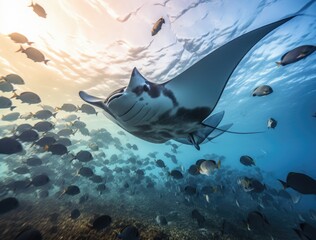 Majestic Manta Rays Gliding Through Sunlit Waters Amongst Diverse Marine Life