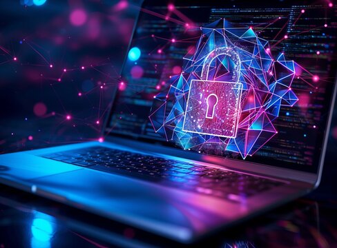 Laptop with a bright padlock icon symbolizing cybersecurity against a background of blurry lights. Security of personal information.