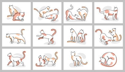 Continuous one line cat posters. Cute cats playing, grooming, stretching and lounging. Minimal feline and kittens for pet designs vector illustration set