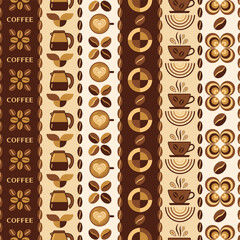 Obraz premium Seamless pattern with icons of coffee cup, pot, beans, geometric shapes. Vertical striped background. Good for branding, decoration of coffee package, decorative print. Simple flat style